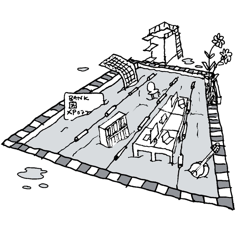 [An illustration of a swimming pool with office desks, a chair, a guitar, a bookshelf, and spreadsheets half-submerged in the swim lanes. On the side of the pool is a diving board and flowers growing from the tile.]