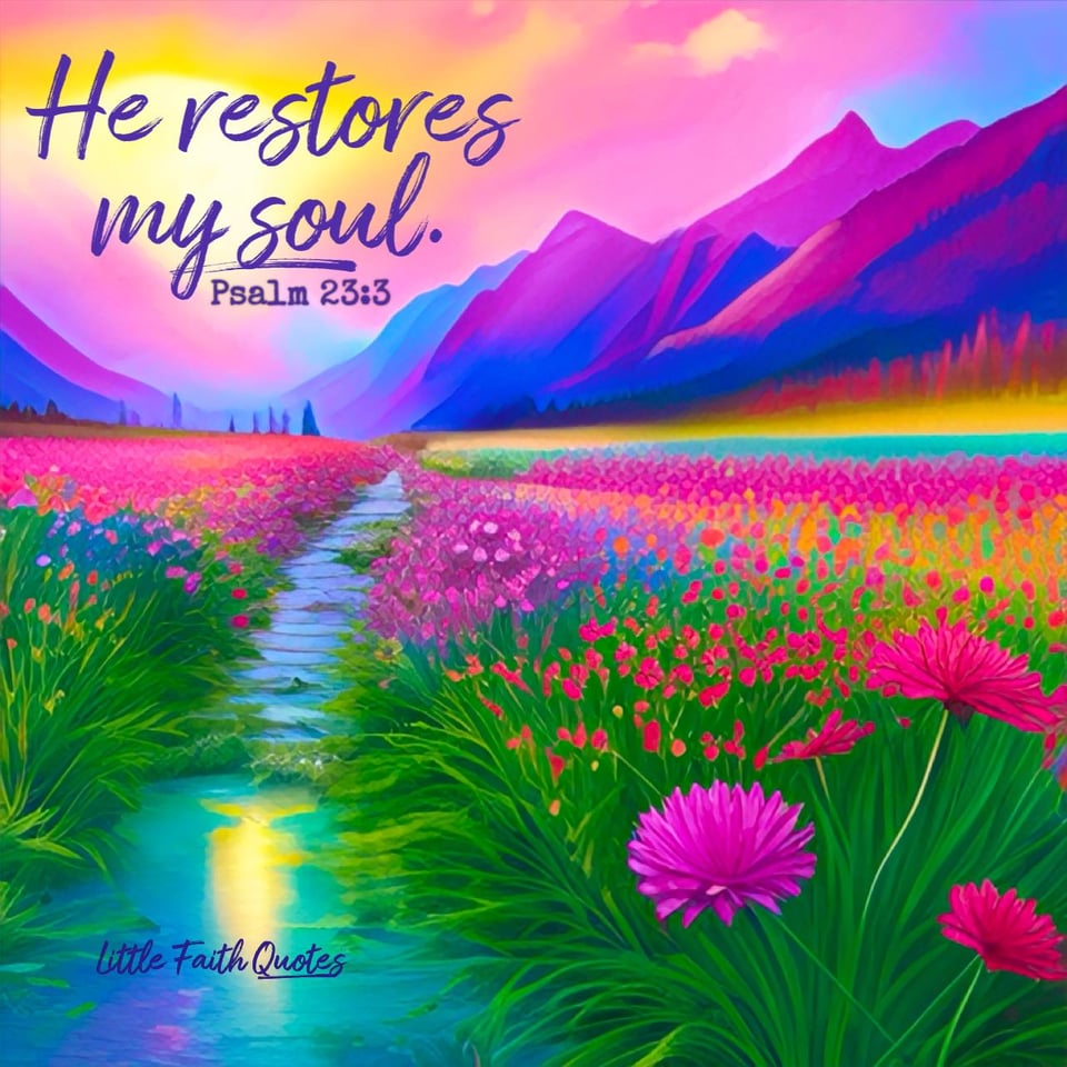 He restores my soul. He leads me in paths of righteousness for his nameβs sake. ~Psalm 23:3. Image by: @Little Faith Quotes.