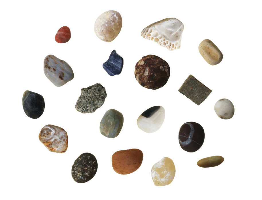 photographic cutouts of 19 different pebbles, arranged together into a small collection