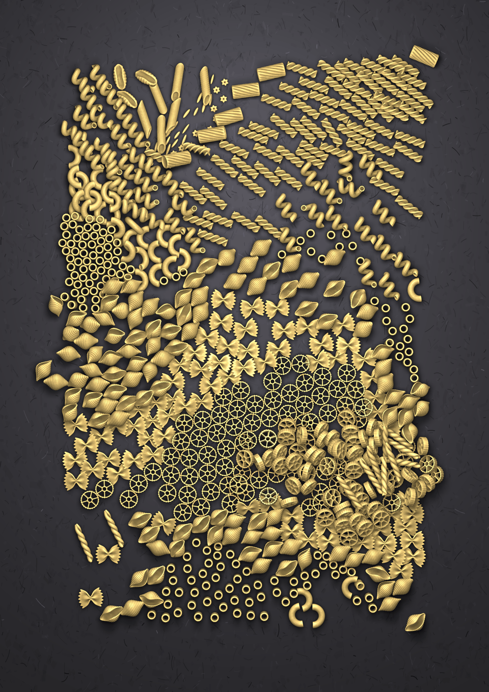 chaotic flat-lay of various dried pasta shapes