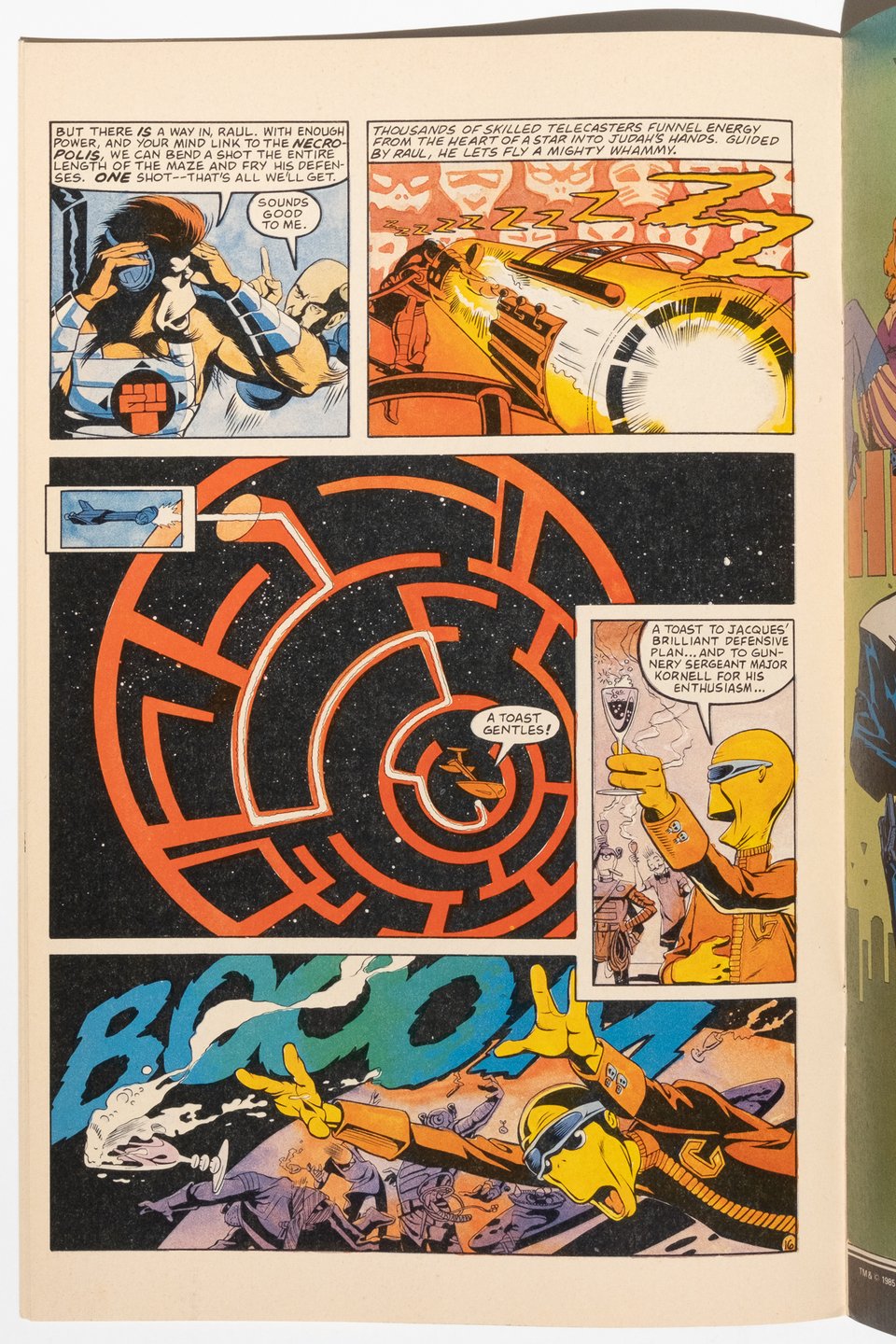 a page from Nexus. The large central panel shows an orange maze with a spaceship at its center and a beam about to hit it fired from another ship