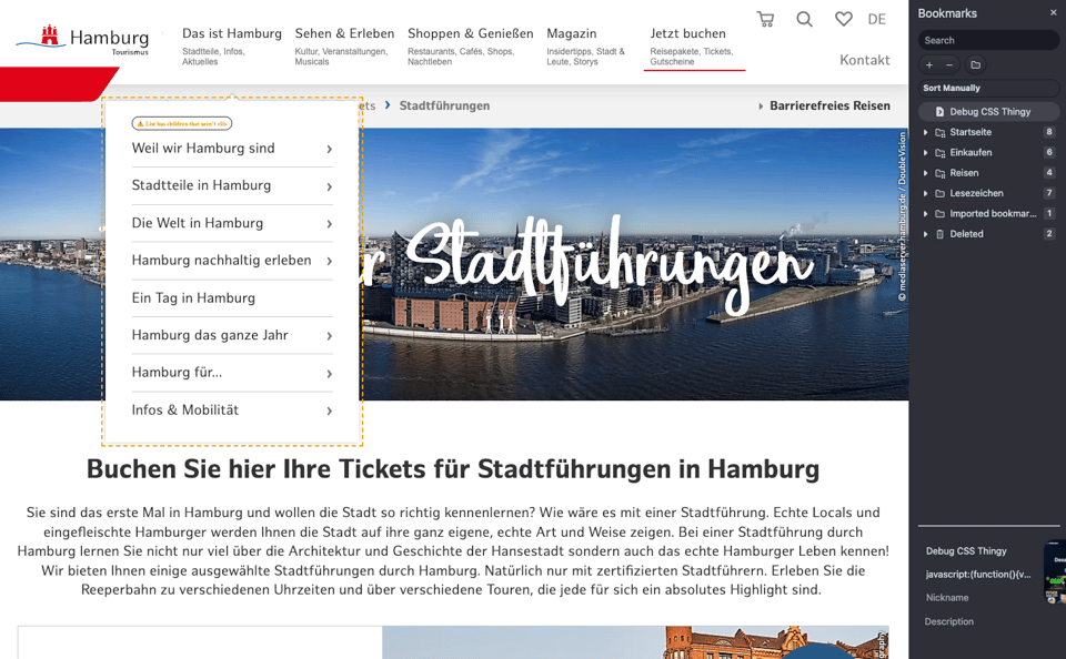 Example of the hamburg turism web page with the debug active. A dotted border surrounding a box with a label saying the element includes wrong list items.