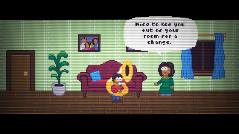 A pixel art scene of a living room with a young tuba player and their mother, who remarks "Nice to see you out of your room for a change."