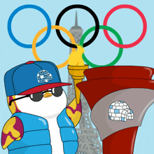 A penguin lighting the Olympic torch.