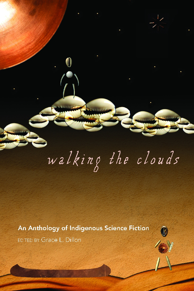 a book cover featuring a painting of a strange creature with a canoe on a red planet, looking at another creature standing on a belt of cowrie shells suspended in midair
