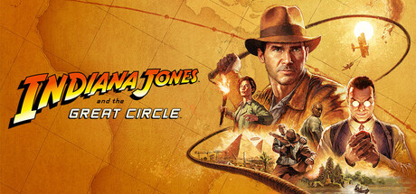 A vibrant illustration featuring Indiana Jones and various characters against a backdrop of a world map, promoting "Indiana Jones and the Great Circle."