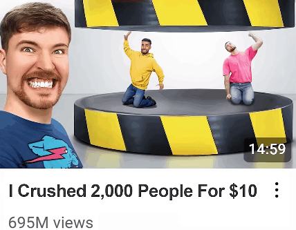 A man smiling next to two people on a platform with the caption "I crushed 2 000 people for $10"