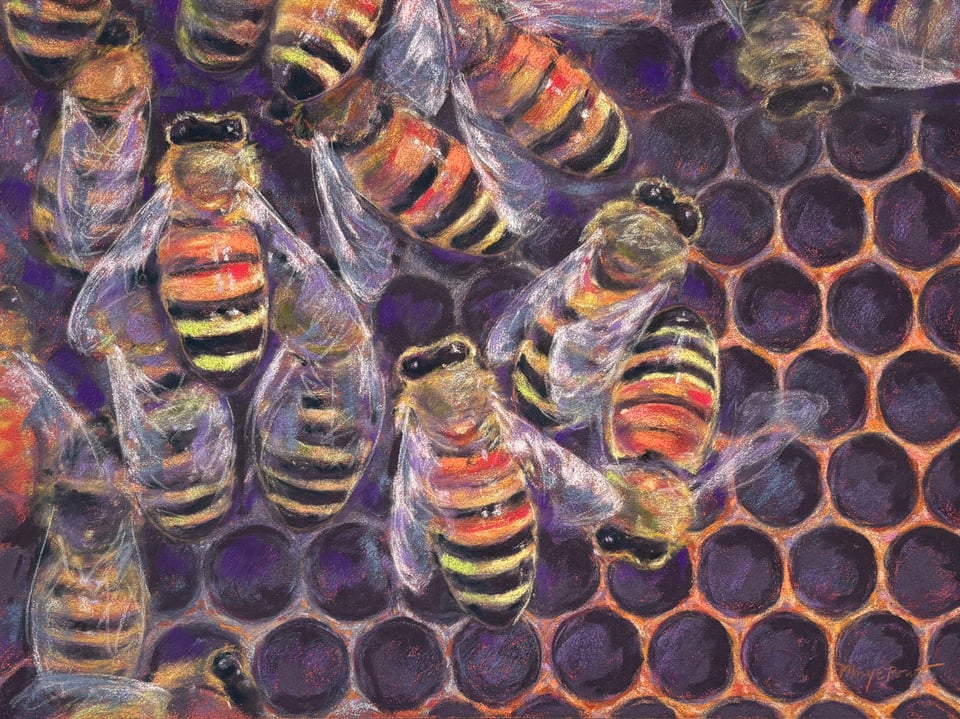 soft pastel art, bee hive