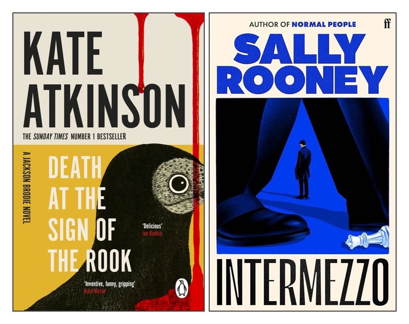 The covers of two books: Death at the Sign of the Rook by Kate Atkinson; and Intermezzo by Sally Rooney