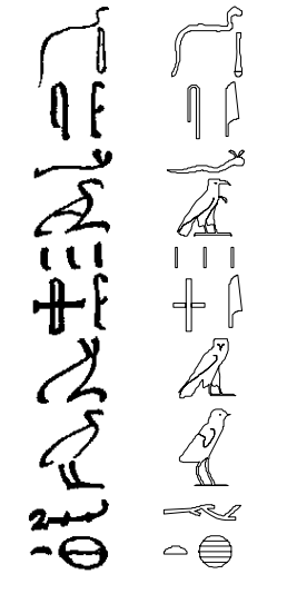 Hieroglyphic symbols that resemble snakes, birds, everyday objects, and abstract symbols. Handwritten cursive hieroglyphs on the right, regular hieroglyphs on the left.