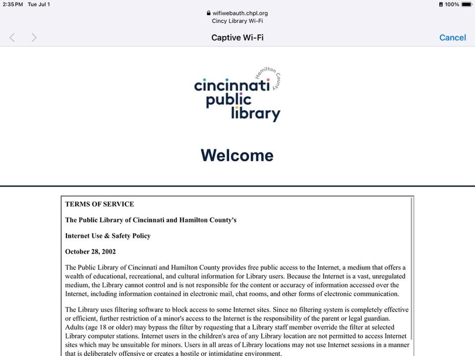 A screenshot of the Cincinnati Public Library's End User Agreement that refers to the internet as a "vast, unregulated medium"