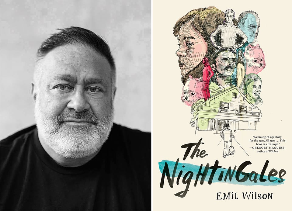 two images side by side: left, a b/w photo of artist Emil Wilson in a black T-shirt or pullover; right, cover of THE NIGHTINGALES, a graphic novel by Emil Wilson. It depicts a pen drawing of a suburban house, and a man walking toward it, with his back to us. He holds a Pomeranian dog in his left arm and is walking another with his right. Above the house are illustrations of characters from the book
