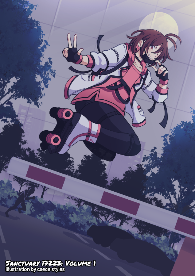 Illustration of Lulu wearing her roller skates, jumping over a parking lot barrier. She's winking and grinning as an obscured figure chases after her.