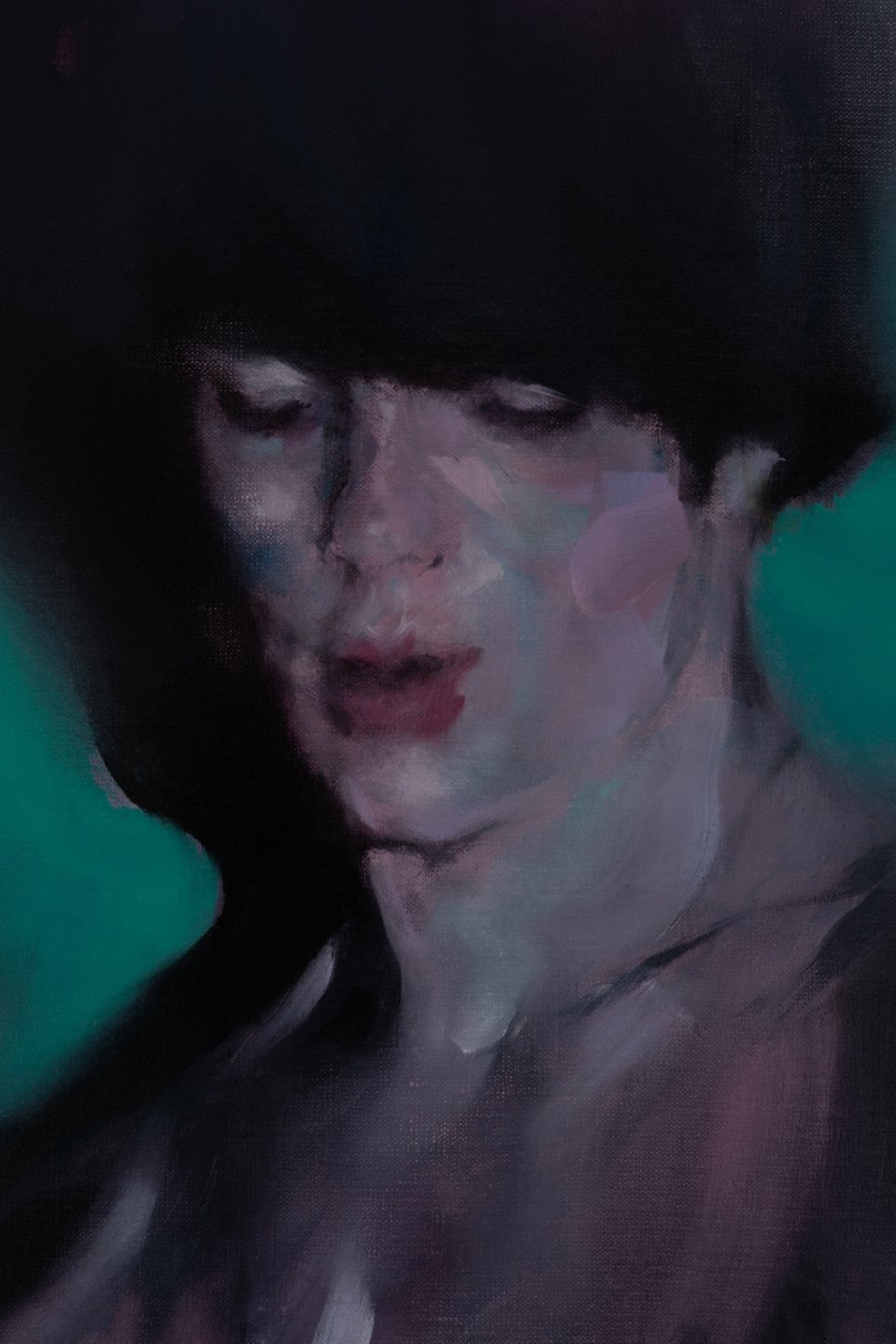A small oil portrait of a young man, a bust, in low light. He appears to be nude. The teal background is reflected in the highlights in his face. He gazes down. His hair or hat is dark, bowl-shaped mass.