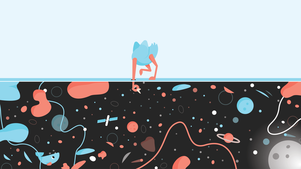 legesher's character (an ostrich) sticks their head down into a whole new world.