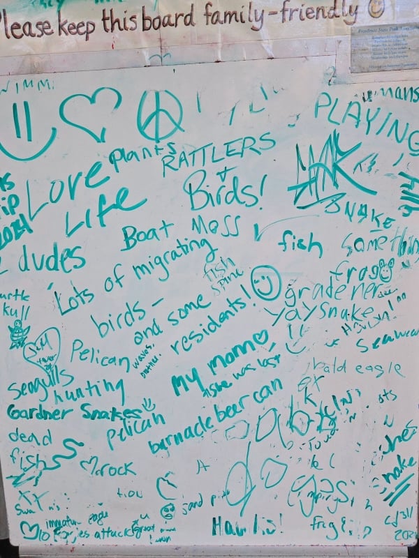 We (mostly) delight in the zany, madcap stuff hikers (many of them children, we suspect) scribble on the whiteboard at the Sand Point trailhead. There are so many cool things to see on that trail, as many folks note. (Although we’re dubious about “rattlers” – the flood plain isn’t their terrain, to put it mildly.) We enjoyed this sighting: “My mom – she was lost.” Glad they found you, Mom! / Photo by Pamela Miller