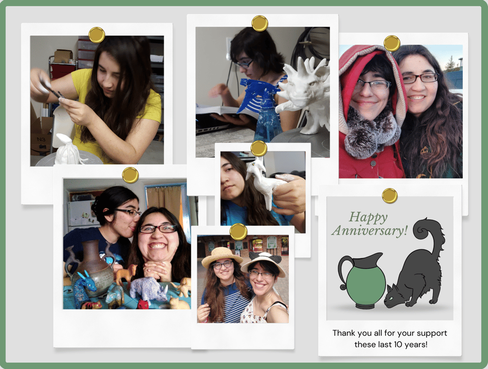 A collage of photographs from the last ten years of the beast boutique, depicting the artists sculpting, doing homework, and taking selfies together. The last photo spot is filled with the logo of a grey, one-eyed cat sniffing a green pitcher, with the words "happy anniversary" above it, and "thank you for all the support these last ten years!" below.