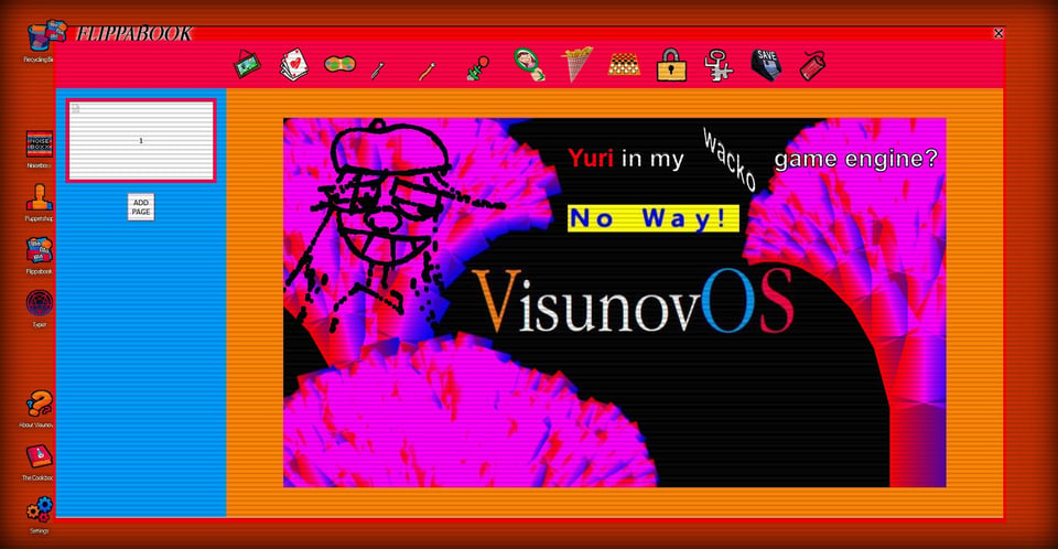 A screenshot of a colourful, playful app interface. Text reads: "Yuri in my wacko game engine? No way! VisunovOS."