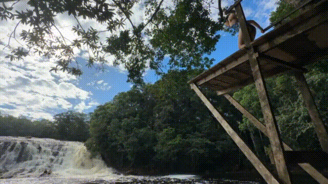 jumping into a waterfall basin