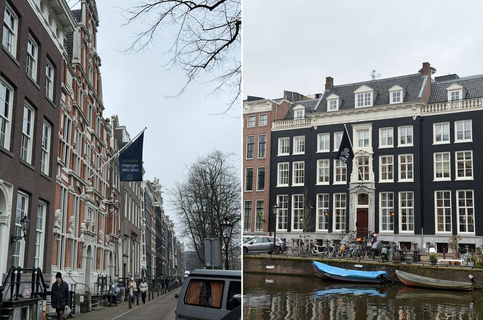Two rows of canal houses in Amsterdam in two pictures side by side. There is a large black flag on a flagpole of two houses. The left hand picture the flag is for "Embassy of the Free Mind". The right hand picture has pixelated version of the "Jolly Roger" with ABS underneath.