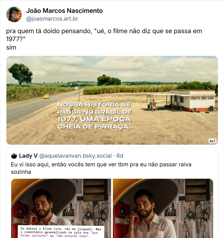 Post de João Marcos Nascimento (@joaomarcos.art.br) com o texto: pra quem tá doido pensando, "ué, o filme não diz que se passa em 1977?" sim
(frame do filme com a cena inicial. Texto sobre a imagem diz "Nossa história se passa no Brasil de 1977, uma época cheia de pirraça...")
