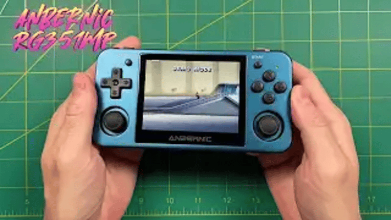 animated gif of two hands holding a blue retro gaming handheld