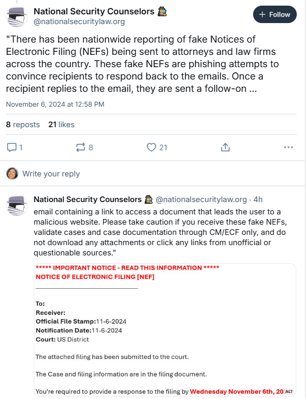 A Bluesky post from National Security Counselors warning of a phishing attempt involving fake Notices of Electronic Filing being sent to attorneys and law firms nationwide