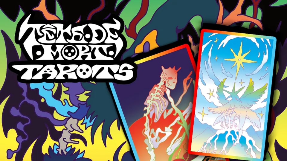 banner with "tête de mort tarots" logo and images of the deck's illustrations