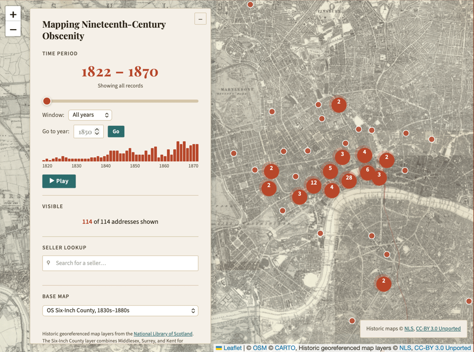 A map of London with red dots on it shows where publishers of obscene literature were located.