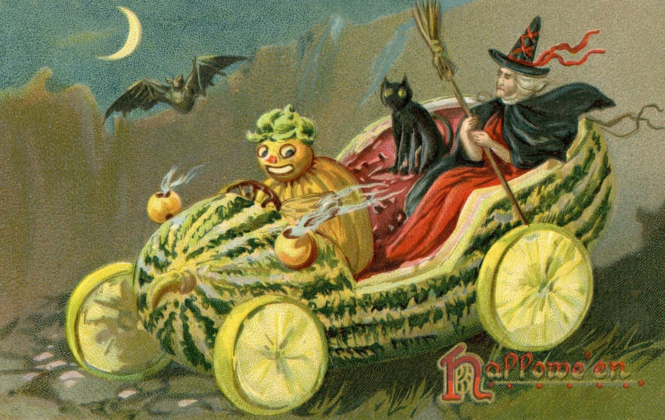 A gourd drives a gourd car, while a witch and black cat ride in the back. A bat flies alongside them.