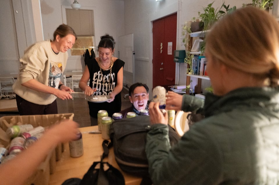 People evaluating a soda explosion.