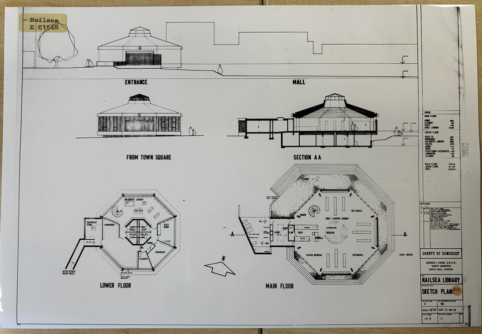 A drawing showing the upper and lower ground floor plans and the sections of the building. As well as showing the alternating walls of concrete and glass, they also show an underground tunnel.