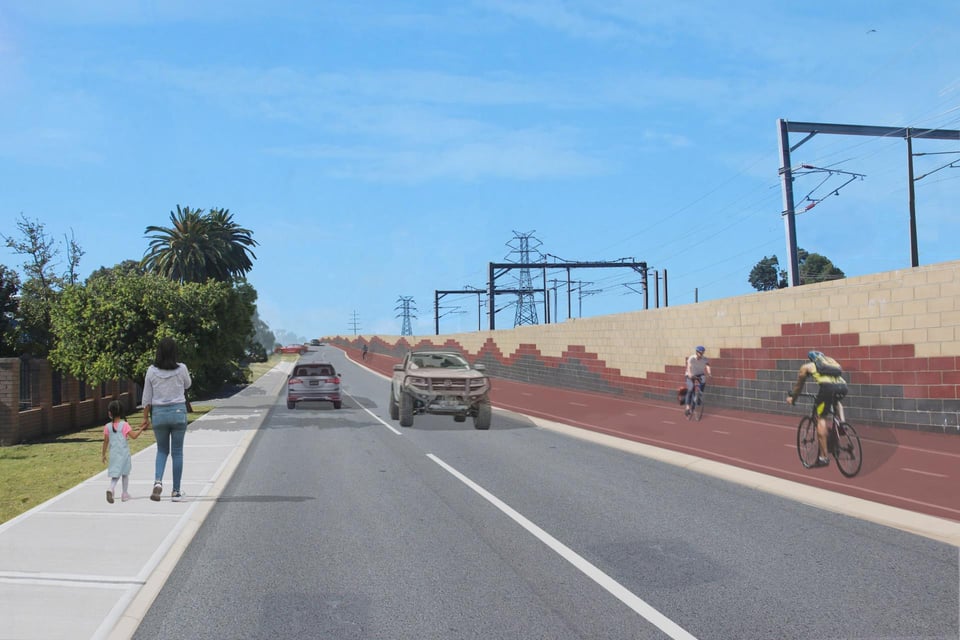 From left to right this shows a small section of verge, a pedestrian path immediately next to a two-way road, then a separated bike lane.