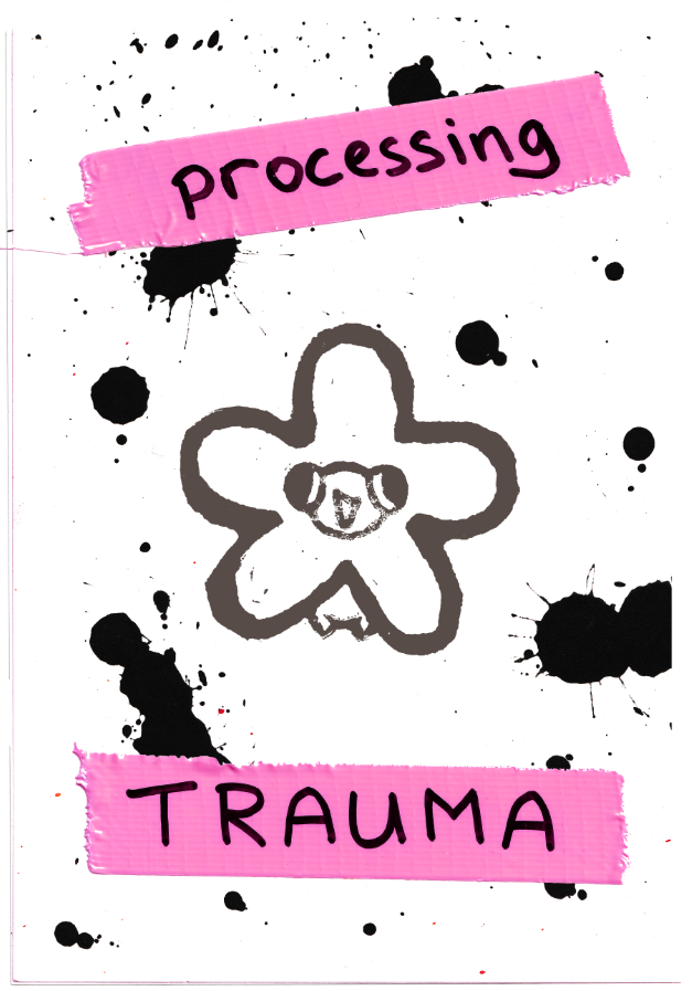 Digital mock up of the front cover of a zine. The design has a faded linoprint of a happy frog with it's face through a flower in the centre. the background has big bold black droplets of paint and there is some bright pink duct tape that has the title "Processing Trauma" written on.
