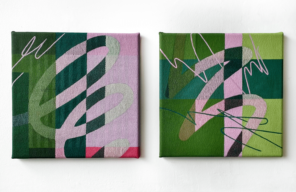 Two small square paintings by Tristesse hung side by side on a white wall. Both layer blocks of deep and bright greens with pink, overlaid with loose looping and gestural lines in pink, pale green and dark teal.