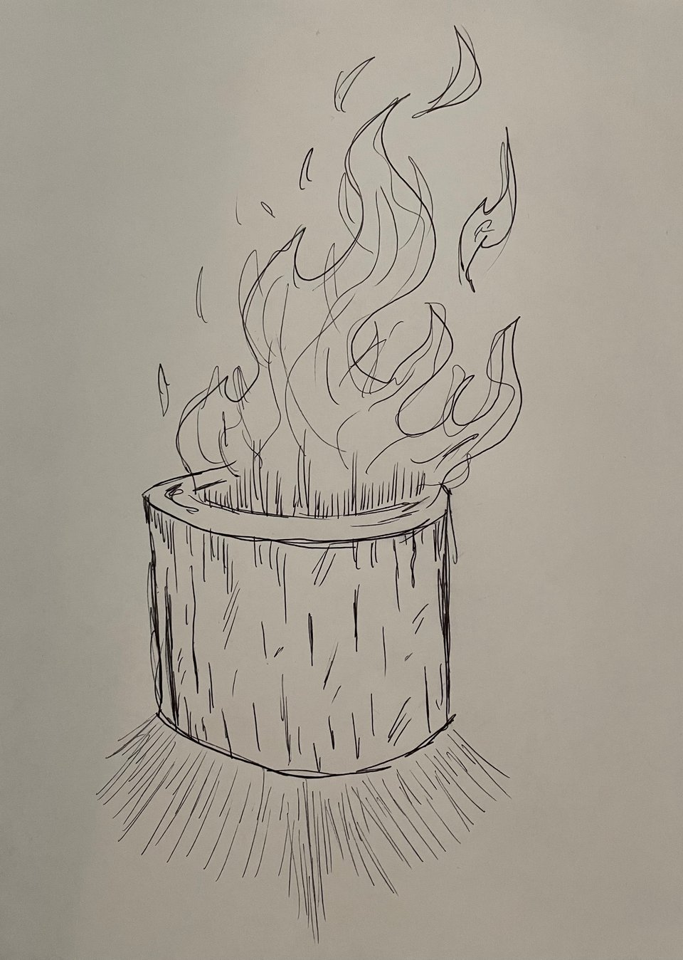 A rough sketch of a small concrete bowl that is belching out a large dancing flame