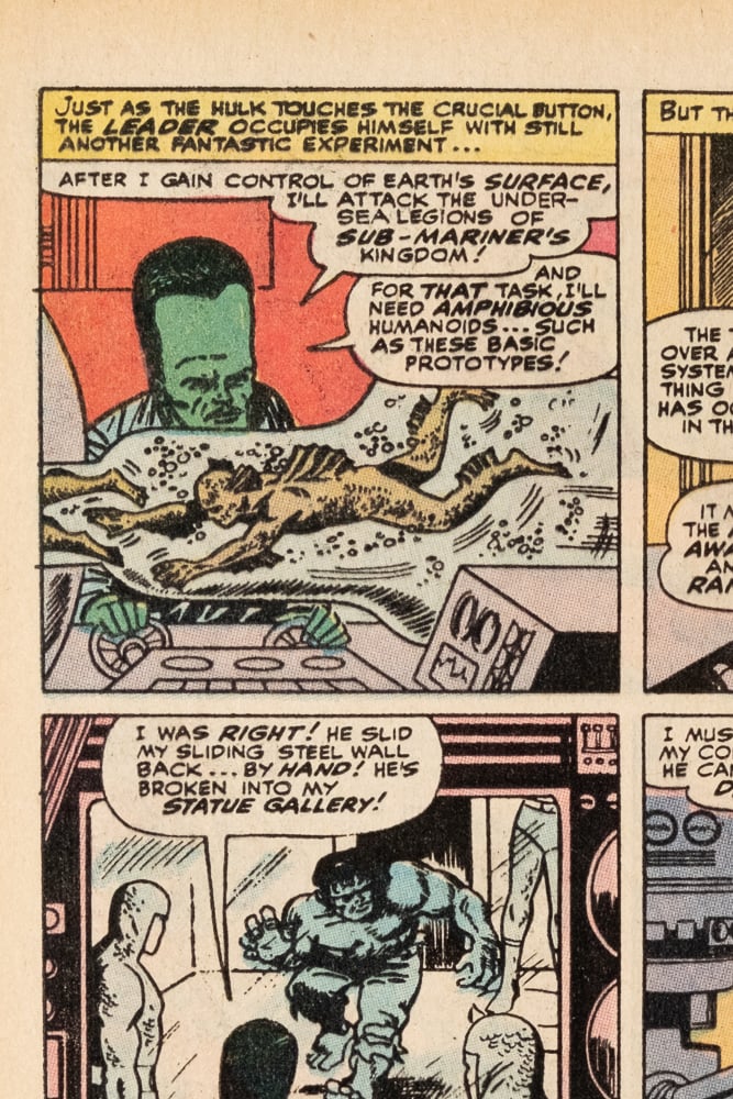 A panel from the Hulk. The Leader is growing humanoid fish that look like sea monkeys in a big glass jar. He is saying he will use them to conquer the undersea kingdoms