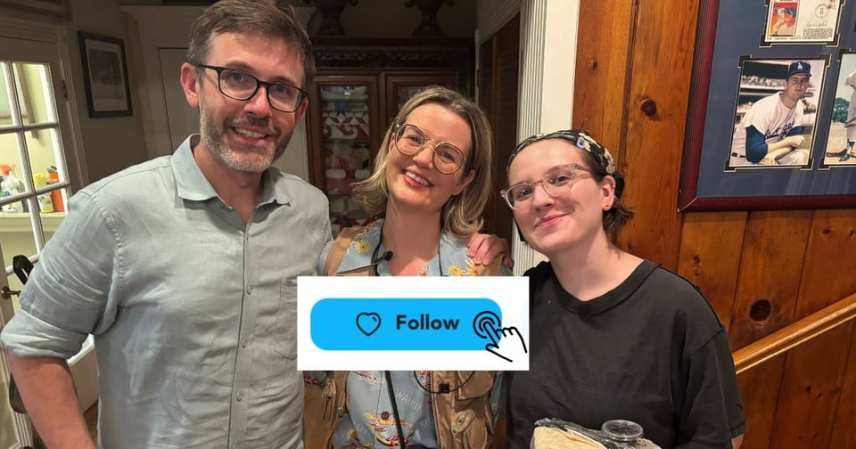 smiling people and a follow button