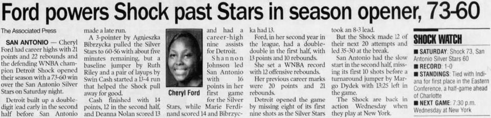 Clipping from The Times Herald with headline “Ford powers Shock past Stars in season opener, 73-60”