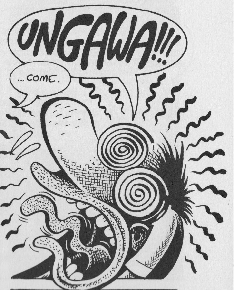 B/W cartoon panel by Pete Bagge of his character Buddy Bradley bellowing UNGAWA!!! as he has an orgasm