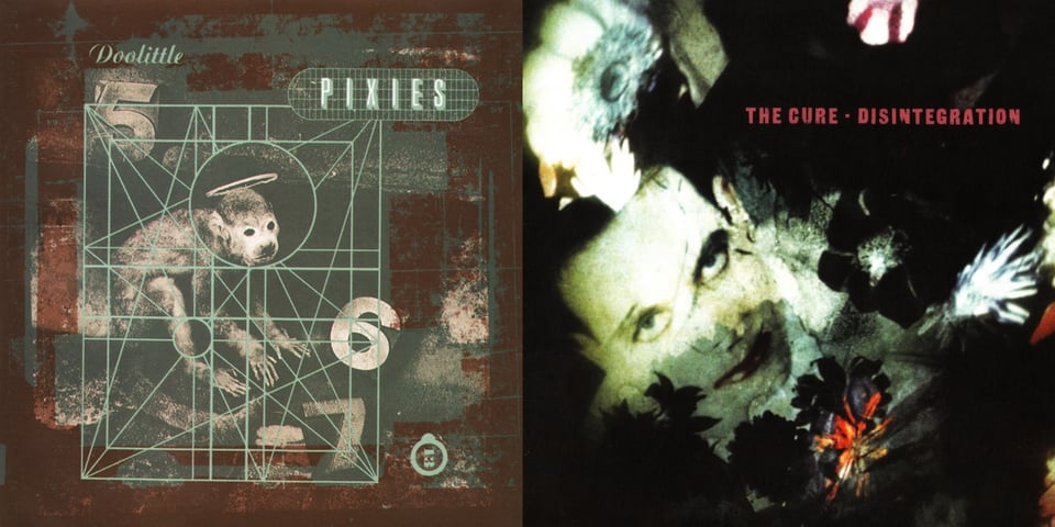 First pic: On a brown background is a monotone photo of a small monkey. The monkey has a halo and is surrounded by three numbers: 5,6 and 7. The picture of the monkey has a green outline of a box around it, and within that box are green lines that make a bunch of connected shapes: squares, rectangles, circles, triangles, stars, trapezoids. etc.  Second pic: We see the face of The Cure singer Robert Smith, with pale white skin, black hair, black eyeshadow, and red lips. (He's one of the most Gothiest men alive.) Around him are images of flowers. The photo has a sense of distortion, because I believe it's actually a projection onto a wall or another surface.