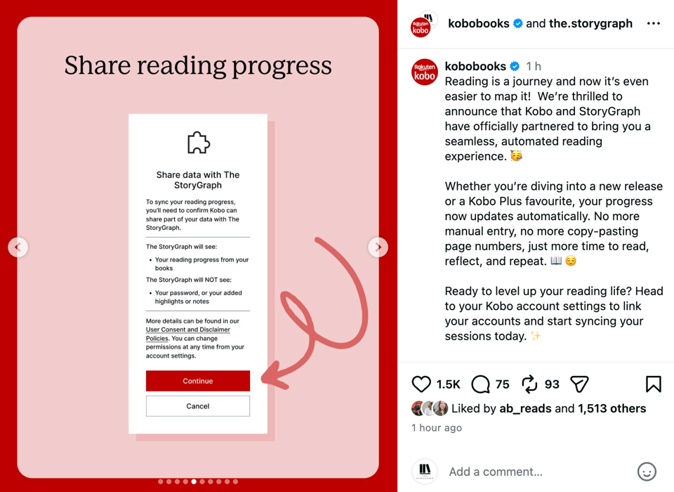 Instagram post from Rakuten Kobo announcing its partnership with The StoryGraph. The carousel image shown is titled "Share reading progress" and features a screenshot of Kobo's permission screen explaining what reading data is shared with The StoryGraph and what is not. A large hand-drawn red arrow points to the red "Continue" button. Beside the image, the Instagram caption announces the new Kobo and StoryGraph integration, explaining that reading progress now syncs automatically between the two platforms, eliminating manual page updates. The post has over 1,500 likes and dozens of comments.
