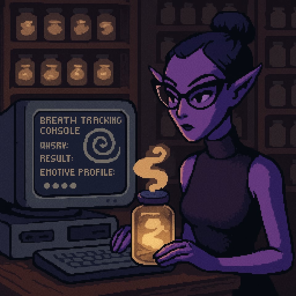 AI-generated image for The Suspended One, showing Lexi (an elfish-looking alien librarian) sitting and holding a soul in a jar in front of a computer terminal that says "breath tracking console" with a shelf ful of jars of souls behind it.