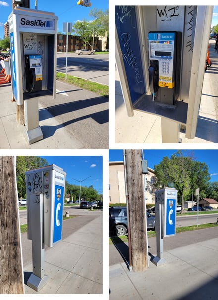 Photographs of a pay phone from several different angles.