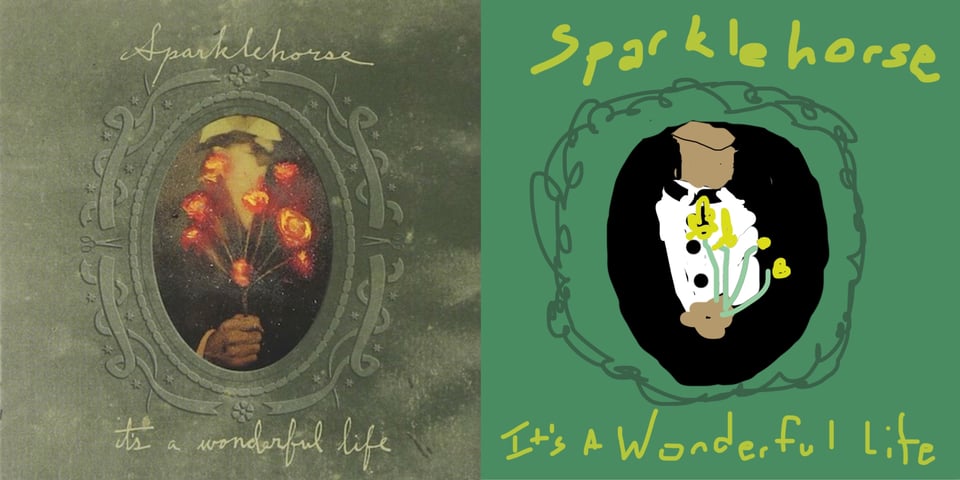 I think this is a green, old, worn picture frame with an oval window set into it for the photo. The photo within is the torso of a man, in an old fashioned, 20s-style suit, holding a bouquet of rose-like flowers. The flowers burst with bright orange and red colors. Around the oval shape are ribbon shapes, decorating it.