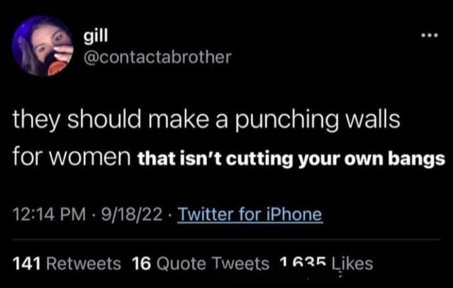 Edited tweet: gill @contactabrother: they should make a punching walls for women that isn't cutting your own bangs