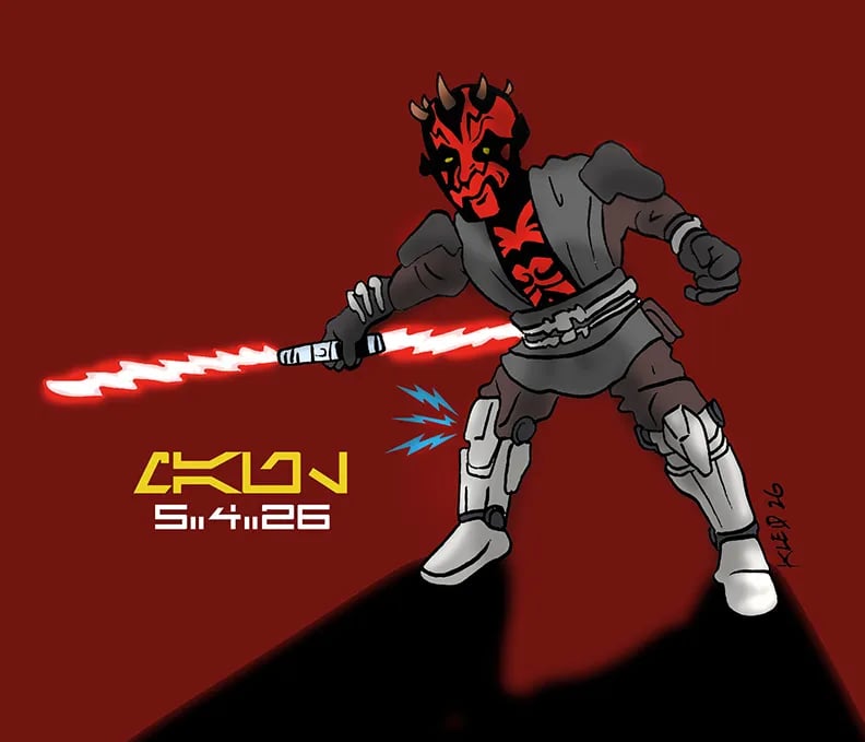 a drawing of Maul from MAUL:SHADOW LORD with the word MAUL in Aurebesh font and the date 5/4/26