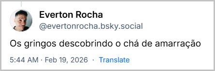 Post de Everton Rocha (@evertonrocha.bsky.social) com o texto:
Os gringos descobrindo o chá de amarração