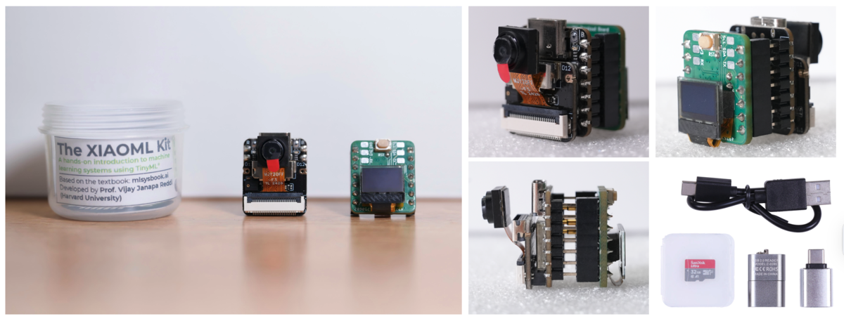 **The XIAOML Kit.** A board, a camera, a screen, a microSD, a USB cable. Around thirty dollars, fits in your hand, refuses to load most modern models. Deployment as physical fact rather than abstraction.