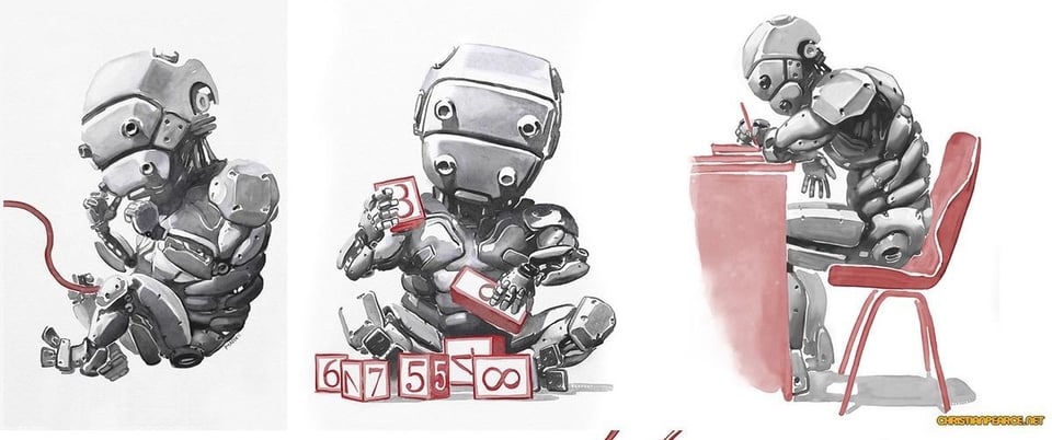 The same image of a robot fetus as above, plus a baby robot playing with building blocks and a child robot sitting at a school desk writing with a pencil